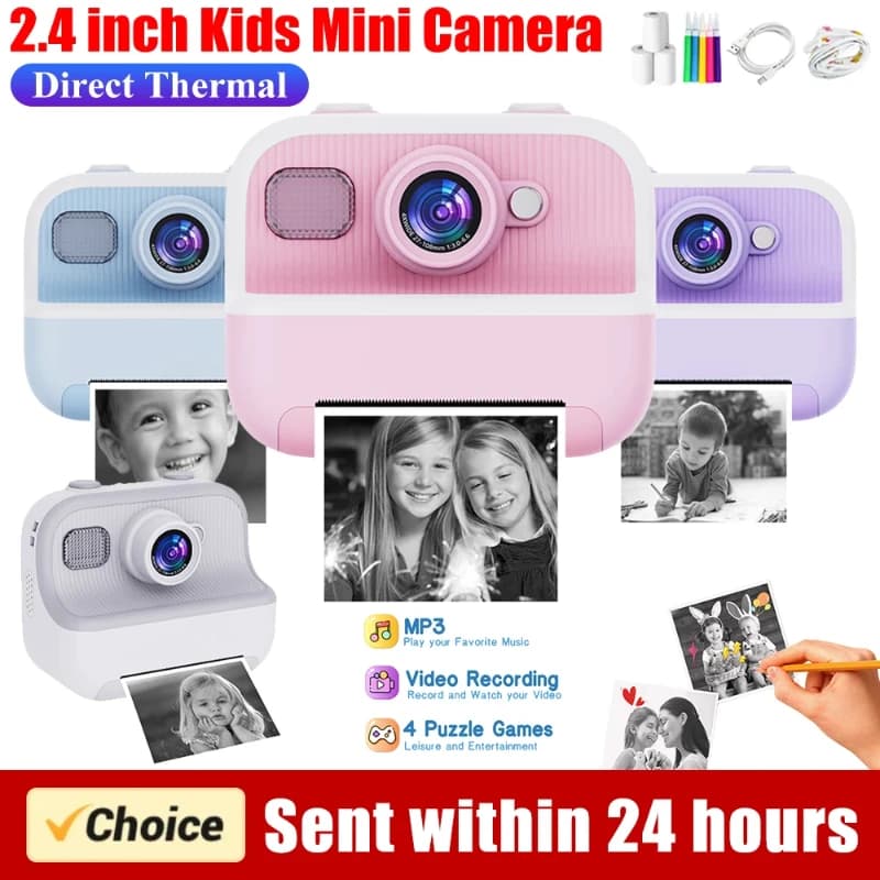 Fotocamera Istantanea Mini per Bambini con Schermo da 2.4 Pollici, Fotocamera Digitale Giocattolo HD 1080P con Stampa Foto e Video