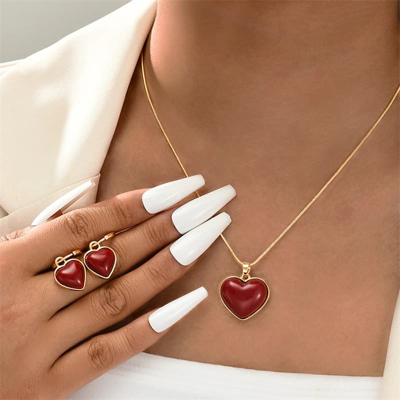 Vintage Red Enamel Heart Pendant Necklace Earrings For Women Elegant Imitation Pearl Choker Necklace Wedding Party Jewelry Sets