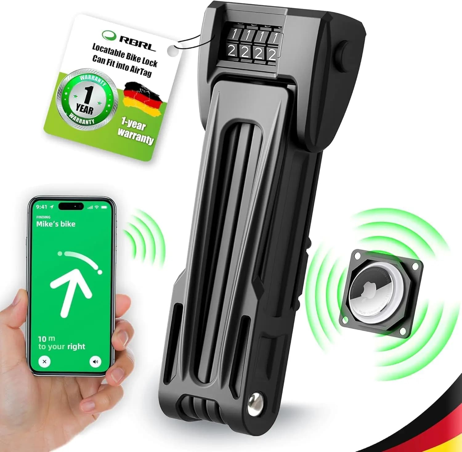 Lucchetto per Bicicletta 2.95ft, Lucchetto a Catena con Combinazione a 4 Cifre e Supporto per Apple AirTag, Resistente