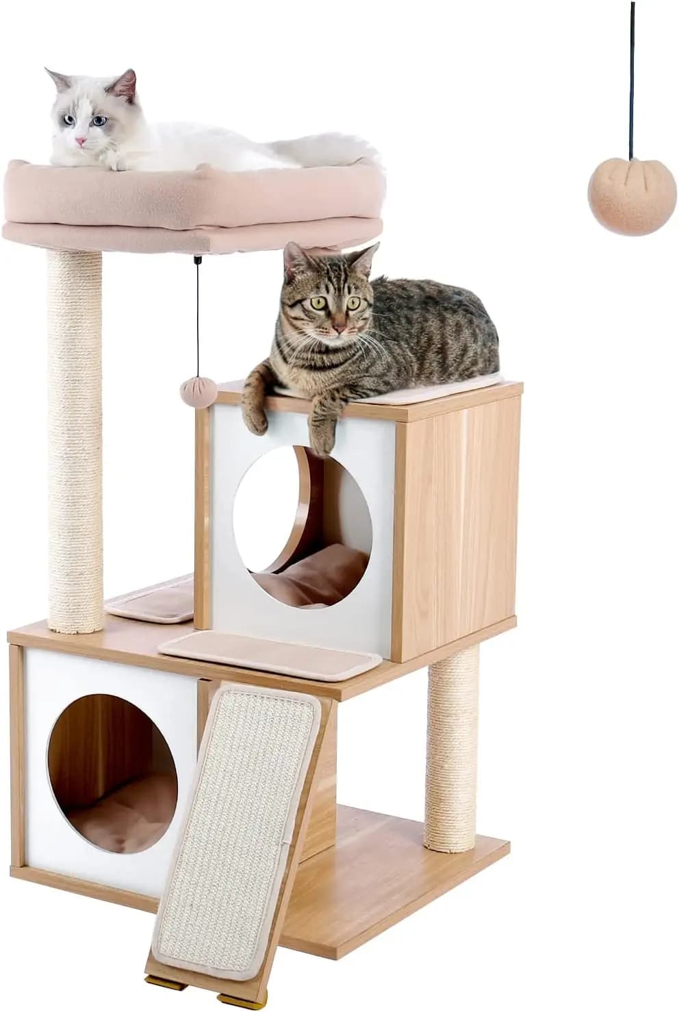 Albero per Gatti in Legno da 35 Pollici con Doppio Cuccia, Scomparto Spazioso, Pali Tiragraffi Completamente Rivestiti in Sisal e Ricambi
