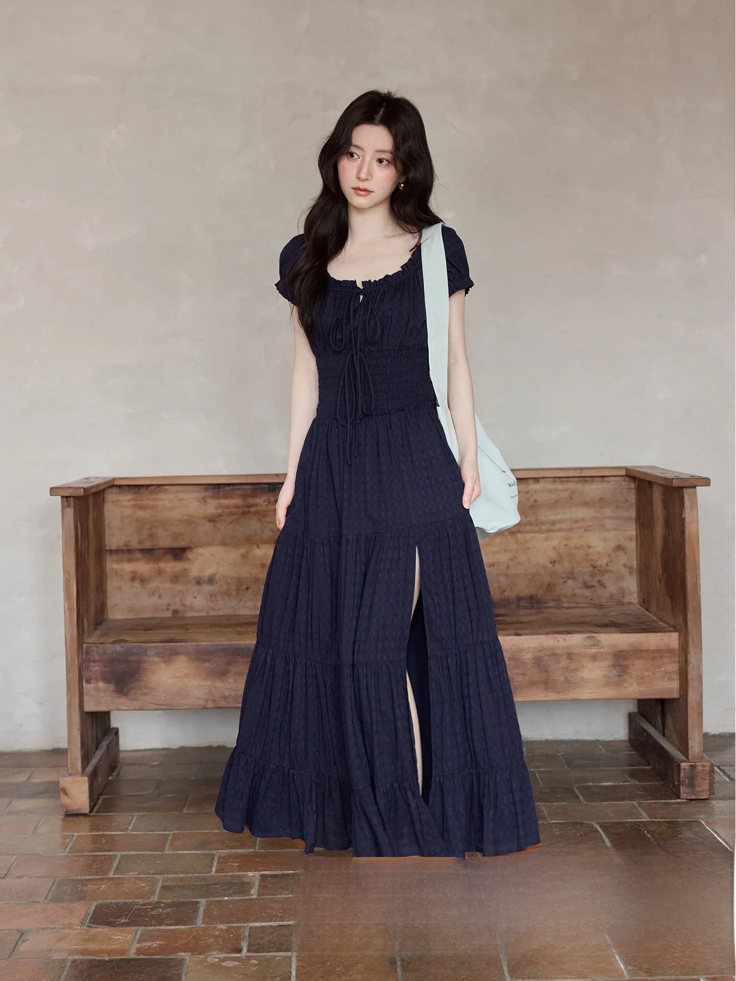 Elegant Blue Bubble Sleeve Long Dress Women's Summer Commute High Waist A-Line Dress with Slit Simple Style Cotton Dress