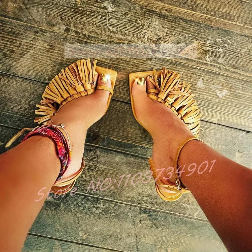Tassel Flip-flops Sandals Female Summer Square Toe Ankle Strap High Heels Shoes Women Sexy Open Toe Brown Matte Leather Sandals