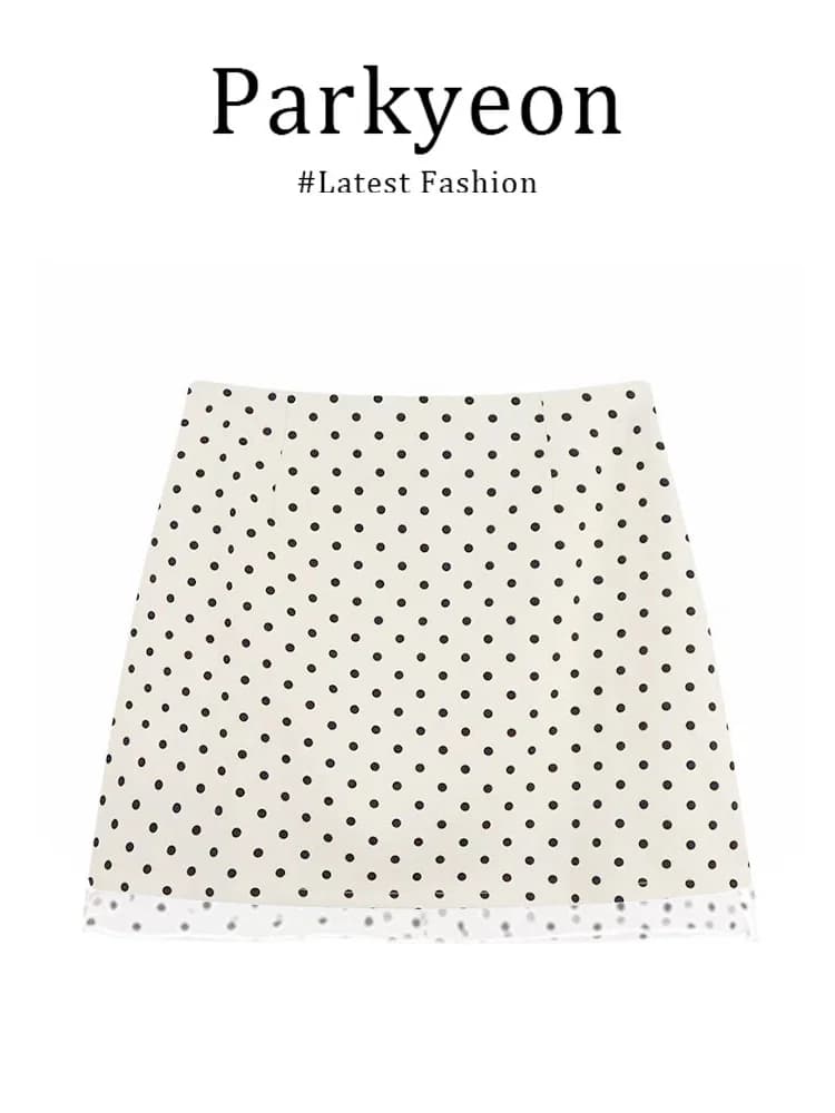 Gonna a mezza lunghezza estiva slim fit, stile semplice e raffinato, con design a pois, giovane, dolce, morbida ed elegante, alla moda per la donna.