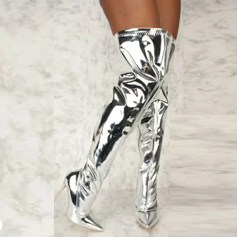 Stivali da donna Stivali sopra il ginocchio a specchio Stivali punk a spillo con punta a punta Zip Argento Scarpe da festa casual Piattaforma sexy Tacchi alti