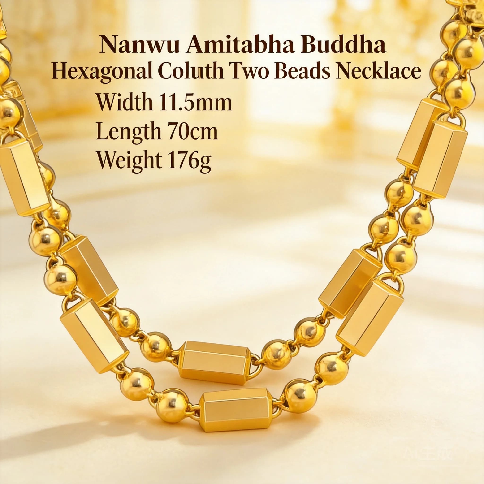 Men's Copper Gold Plated Necklace Chinese Style Hexagonal Pillar Amitabha Buddha Beaded Chain 70 Cm Long 11.5 Mm Wide 2026 Casua