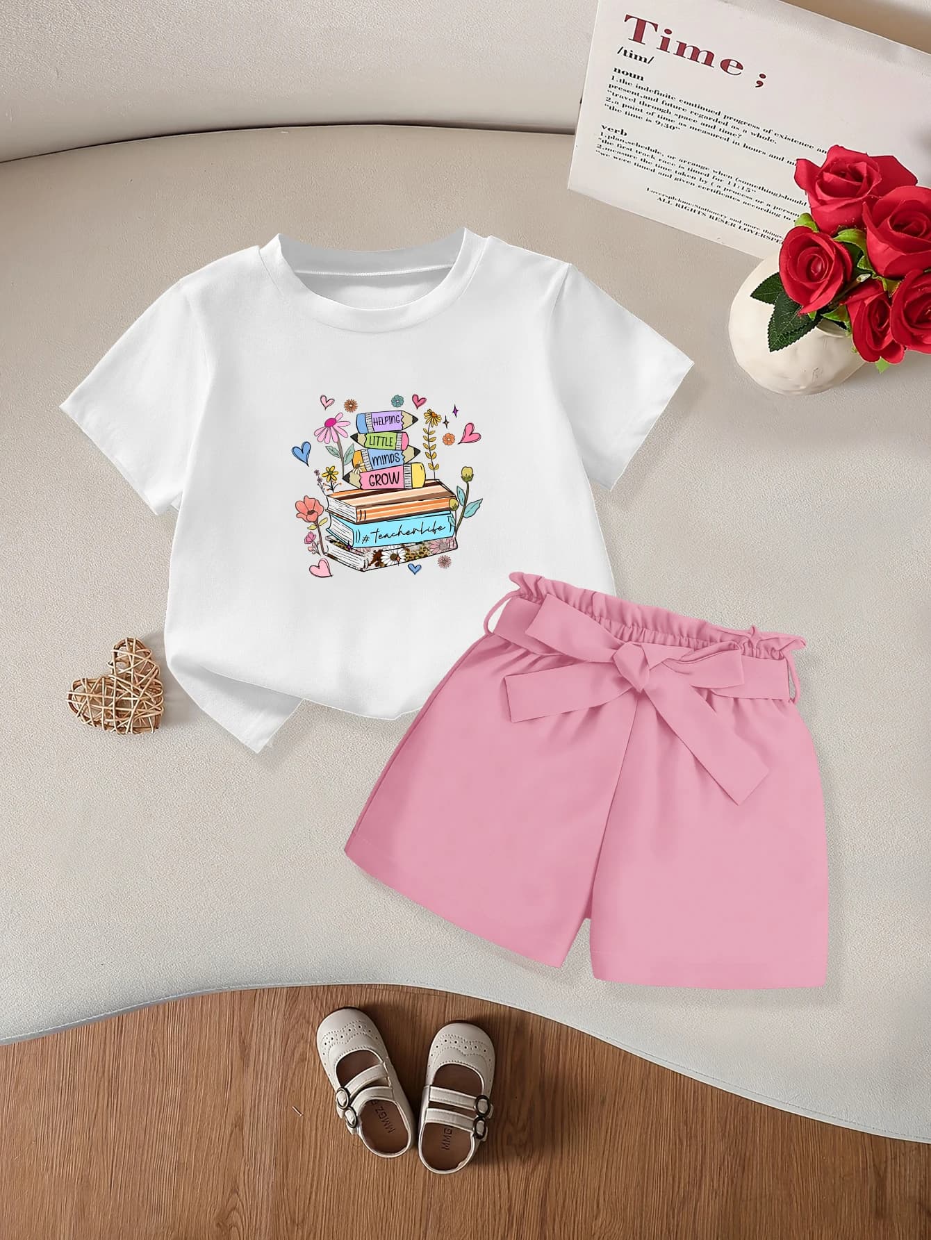 2 pieces: Back-to-School Season Girls Summer Short Sleeve Woven Shorts Set Cartoon Book Pencil Flower Print Bow Detail