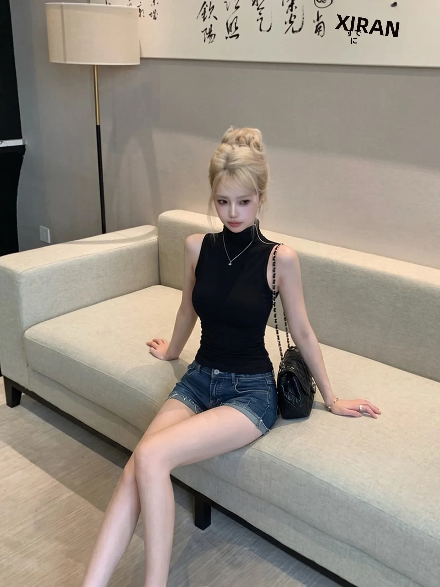 Slim Fit Short Sleeve T-Shirt Women's Summer Waist-Cinching Half High Collar Shoulder-baring Sleeveless Top White Little Fish...