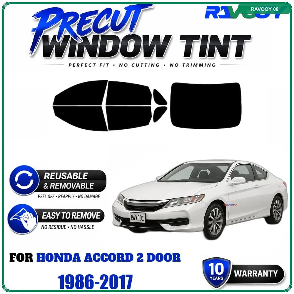 RAVOOY Precut Window Tint, Reusable Removable EPU Film, Custom Fit for Honda Accord 2 Door 1986-2017, UV Heat Protection