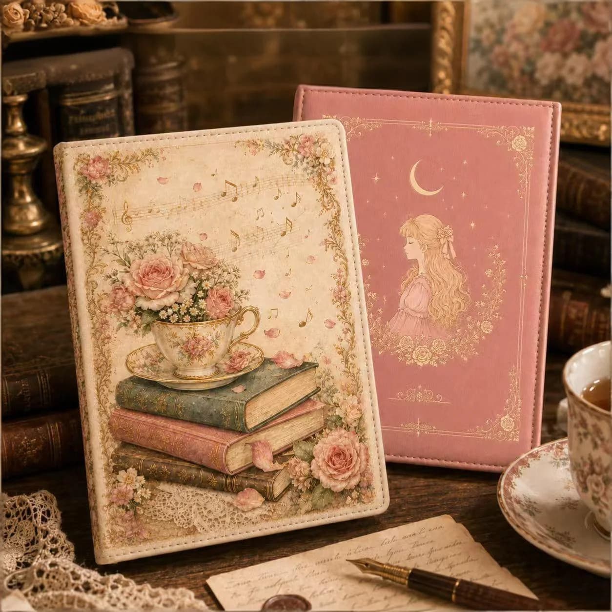 Retro Girl PU Leather Notebook with Color Illustration inside Page - Fashionable Diary Or Notepad for Girls