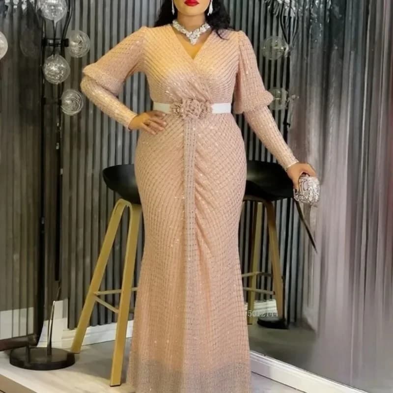 plus Size African Dresses for Women V Neck Long Sleeve Mermaid Robe Wedding Party Luxury Turkey Dress Ethnic Clothing