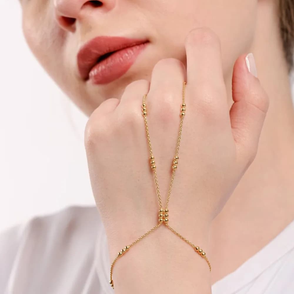 Dainty Gold Beaded Hand Chain Bracelet with Finger Ring Adjustable Slave Chain for Women Daily Wear Chain for Women Party & Dail