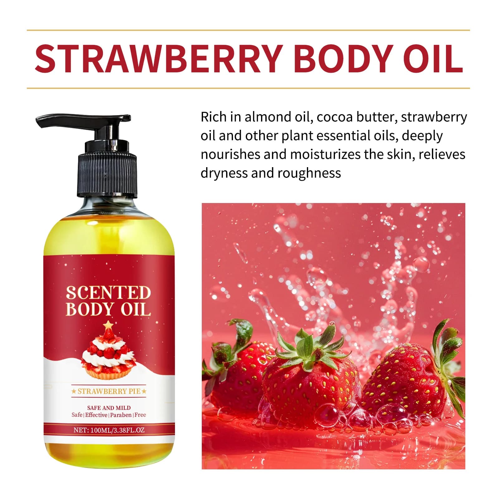 Body oil with 100 ml strawberry crunchy cake, rich in vitamin E, deep hydration, smooth skin texture, delicate skin