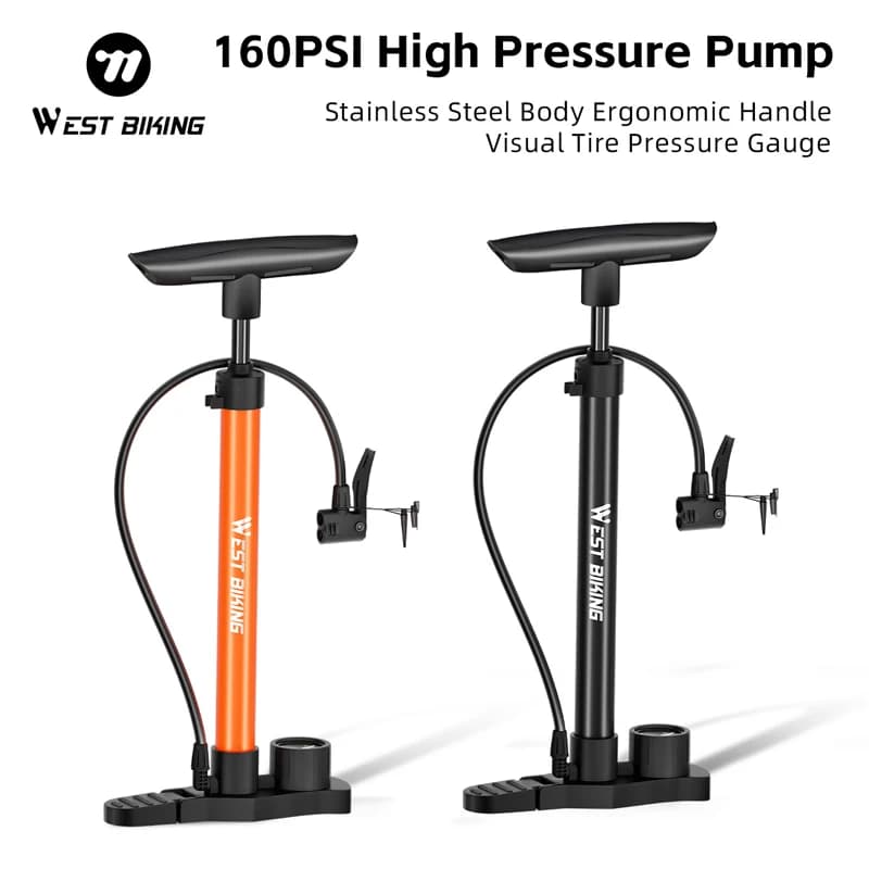 Pompa per Bicicletta ad Alta Pressione WEST BIKING con Manometro 160 PSI, Pompa da Terra in Acciaio Inox per MTB e Bici da Strada