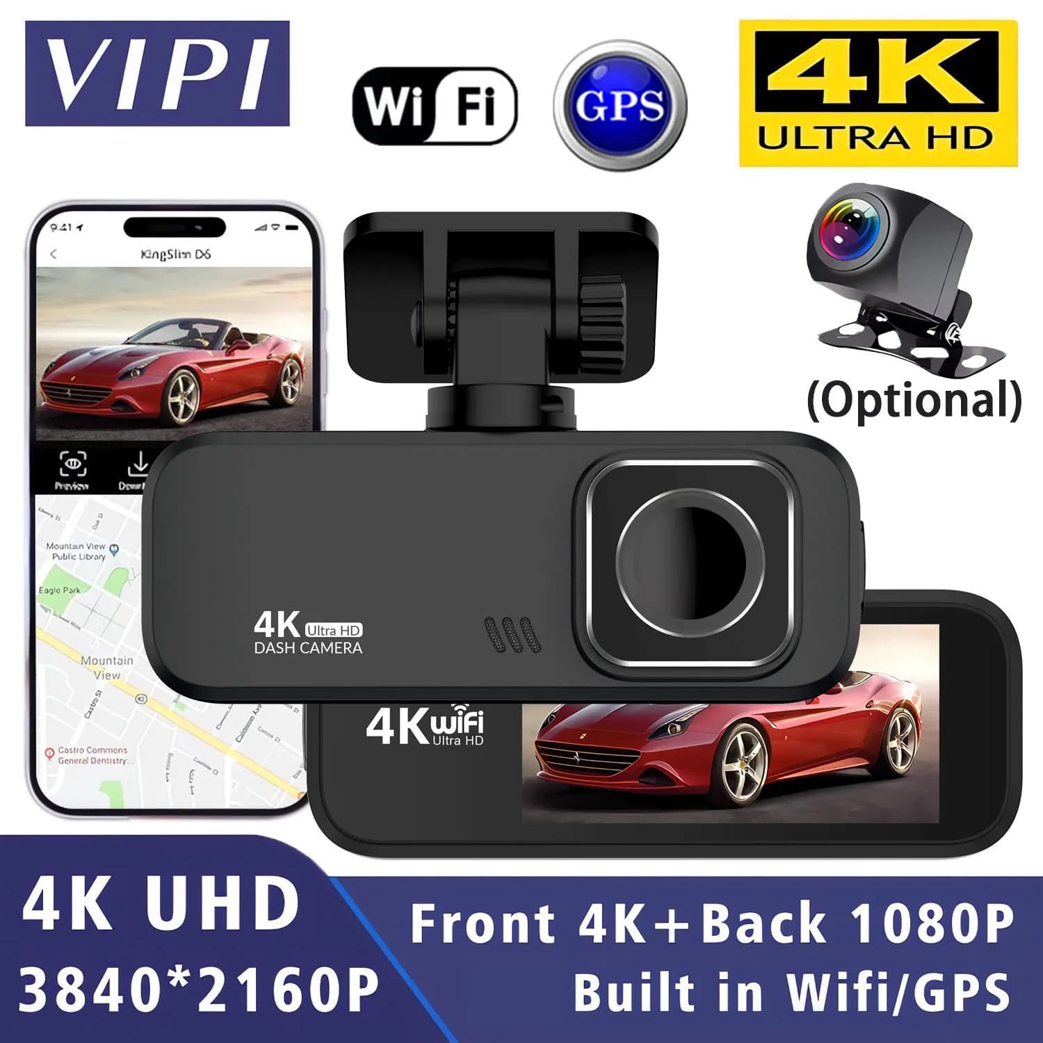 4K 2160P Dash Cam WIFI GPS Car DVR Dual Lens Camera Video Mini Drive Recorder Dashcam Black Box Parking 24 Hours Night Vision