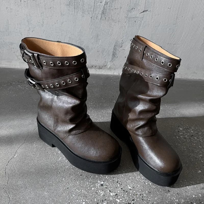 Arden Furtado Autumn cowhide platform Belt buckle Short boot Round toe Turned-over Edg Chunky heels Trouser legs boots