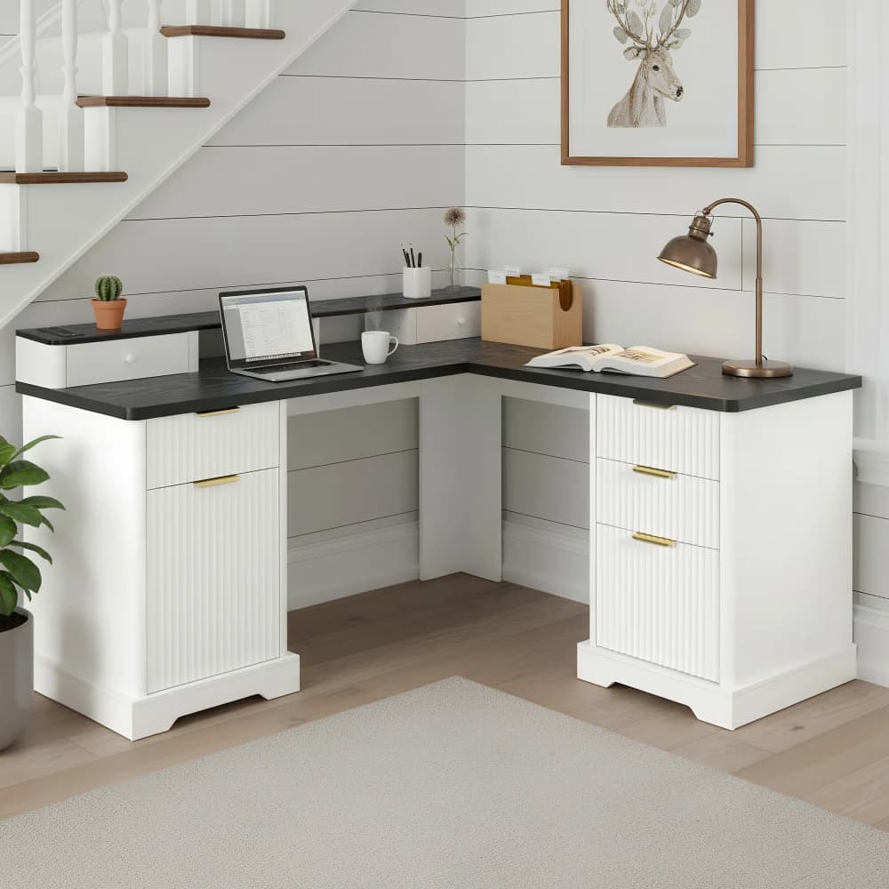 59" L-shaped modern desk with charging station, storage space, monitor support, document drawer and removable shelf - White Home