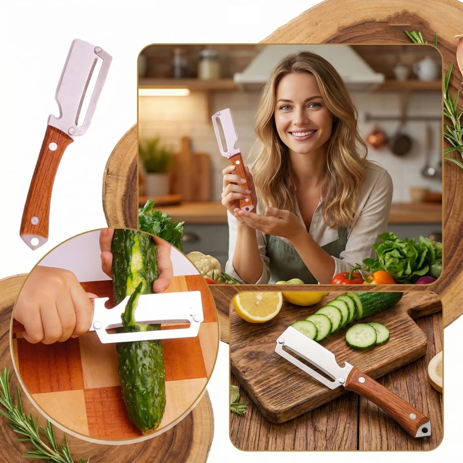 Pelapatate Multiuso da Cucina con Lama in Acciaio Inossidabile, Coltello per Pelare Frutta e Verdura con Manico in Legno