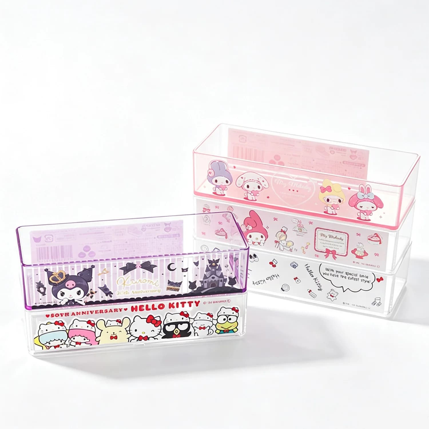 Kuromi My Melody Hello Kitty Character‑Print Desktop Storage Caddy, Transparent Organizer Tray For Stationery Small‑Item Tidy‑Up