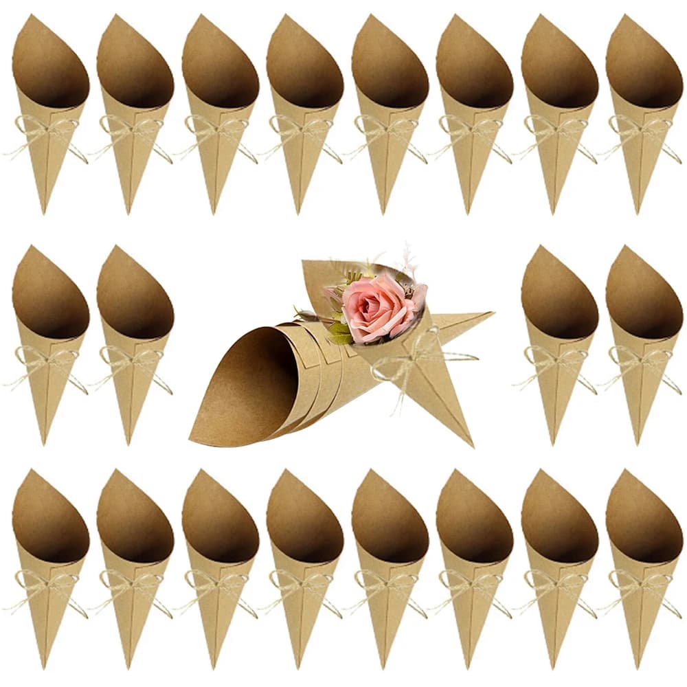 30 pezzi coni di carta kraft coni di coriandoli nuziali bouquet petali sacchetti di caramelle scatole portafiori con corde di canapa etichette adesive nastro