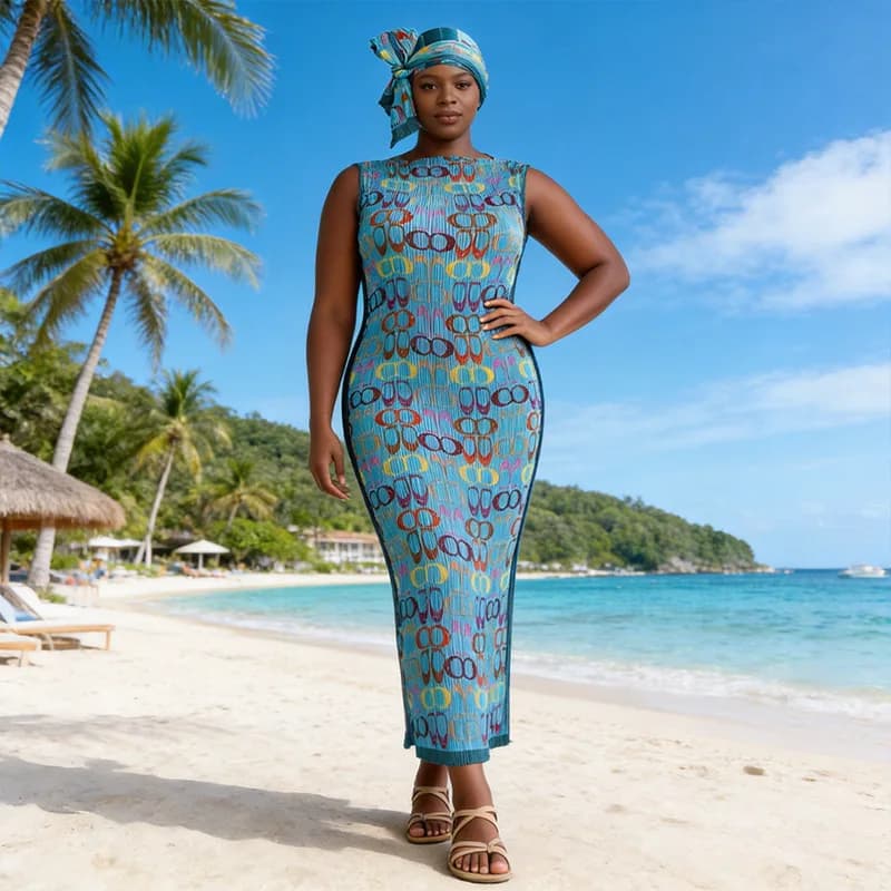 2pcs/set Pleated Bodycon Maxi Dress with Matching Headscarf Women's Summer Printed Slimming Long Dress for Daily & Beachwear