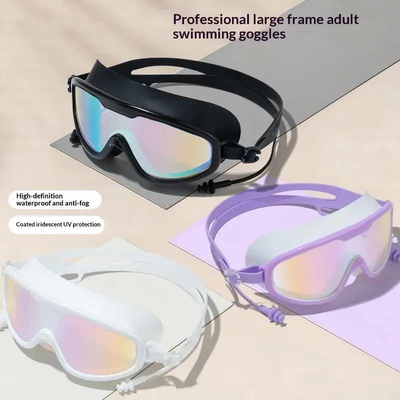 (BF06)Large Frame Adult Swimming Goggles Anti Fog UV Protection Waterproof Swim Glasses With Ear Plugs For Pool Beach