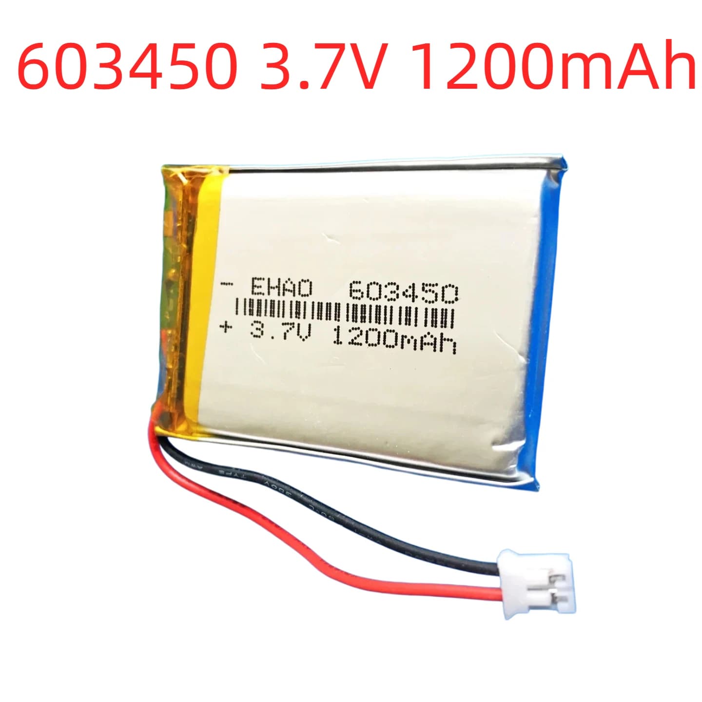 Lipo 3.7V 1200mAh 603450 lithium polymer battery with JST PH 2.0 2 pin connector for GPS, Bluetooth speaker, dash cam and recorder