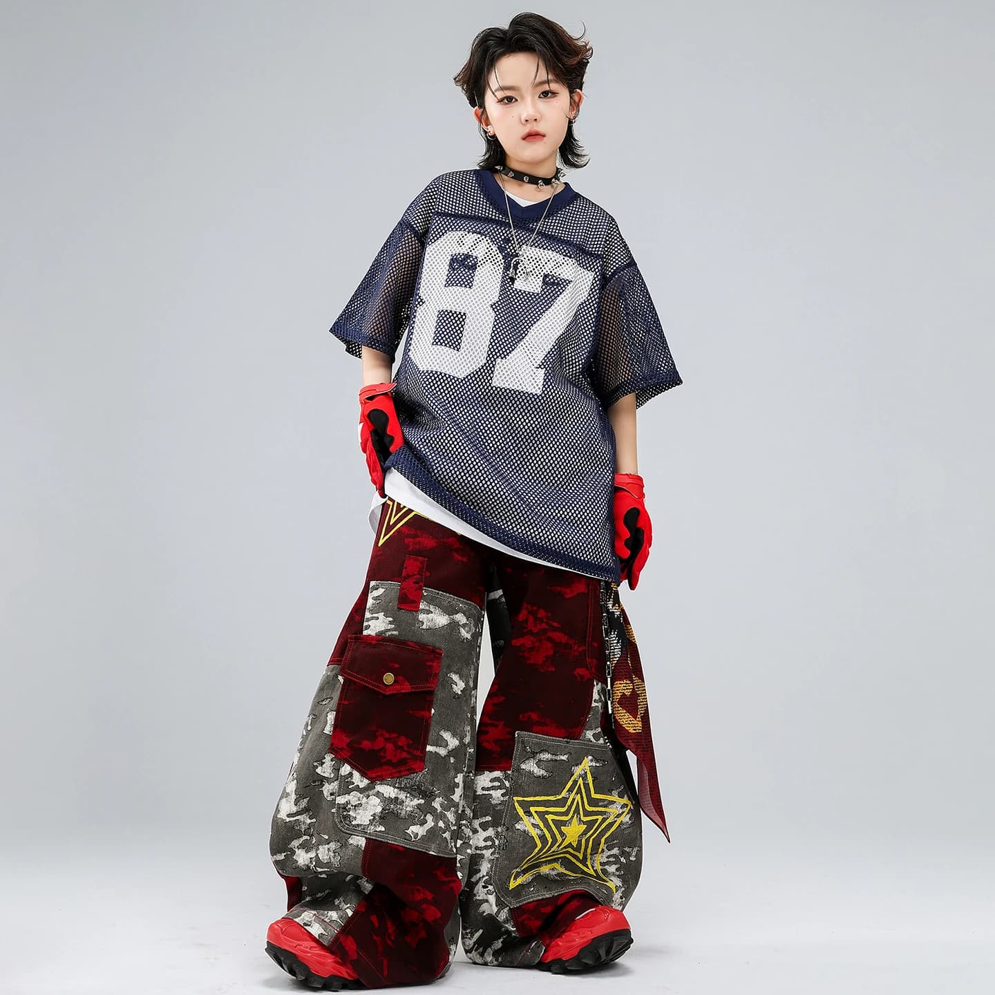 Boys Hip Hop Grey Mesh Loose Tshirt Camo Print Cargo Pants Girls K-pop Dance Jeans Children Streetwear Kids Jazz Clothes Set