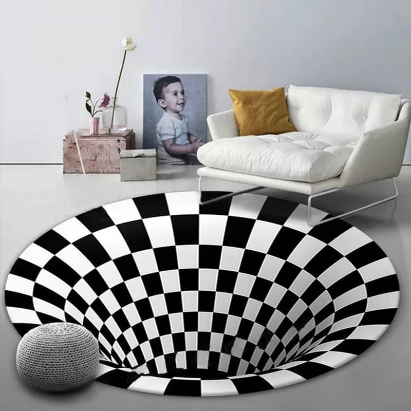 Tappeto rotondo con visione stereo 3D per soggiorno Tappeti semplici in bianco e nero Tappeti geometrici antiscivolo per la camera da letto di casa
