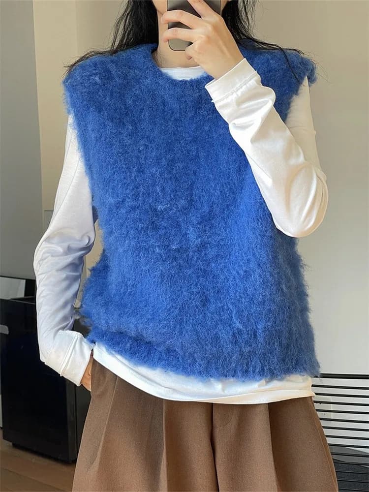 HanOrange 2024 primavera autunno capelli lunghi Misty Feeling o-collo gilet lavorato a maglia di lana donna maglione senza maniche a strati larghi blu/avena