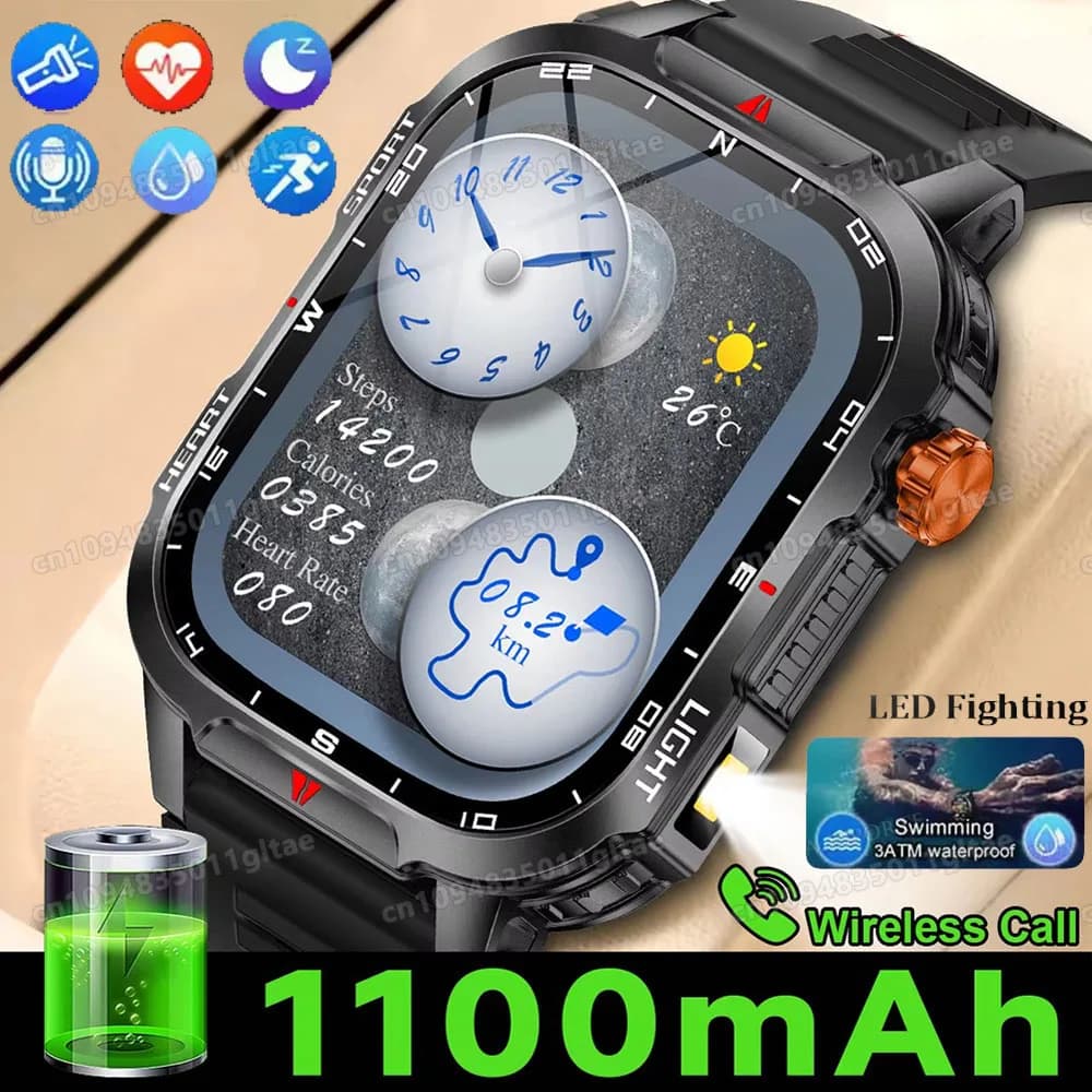 Orologio intelligente militare per esterni, torcia con tracciamento GPS, chiamata Bluetooth, schermo AMOLED da 2,01 pollici, smartwatch sportivo impermeabile 5ATM