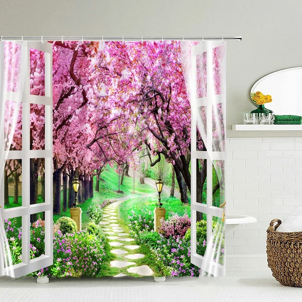 Scenario fuori dalla finestra tenda da doccia stampa 3D foresta giardino tessuto impermeabile tende da bagno schermo da bagno con gancio
