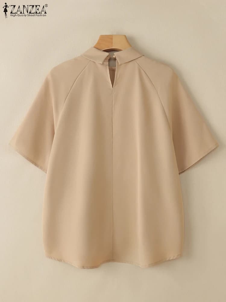 ZANZEA Camicetta da donna estiva da ufficio Camicia elegante a maniche corte con collo a bavero Elegante orlo asimmetrico Blusas Tunica solida casual