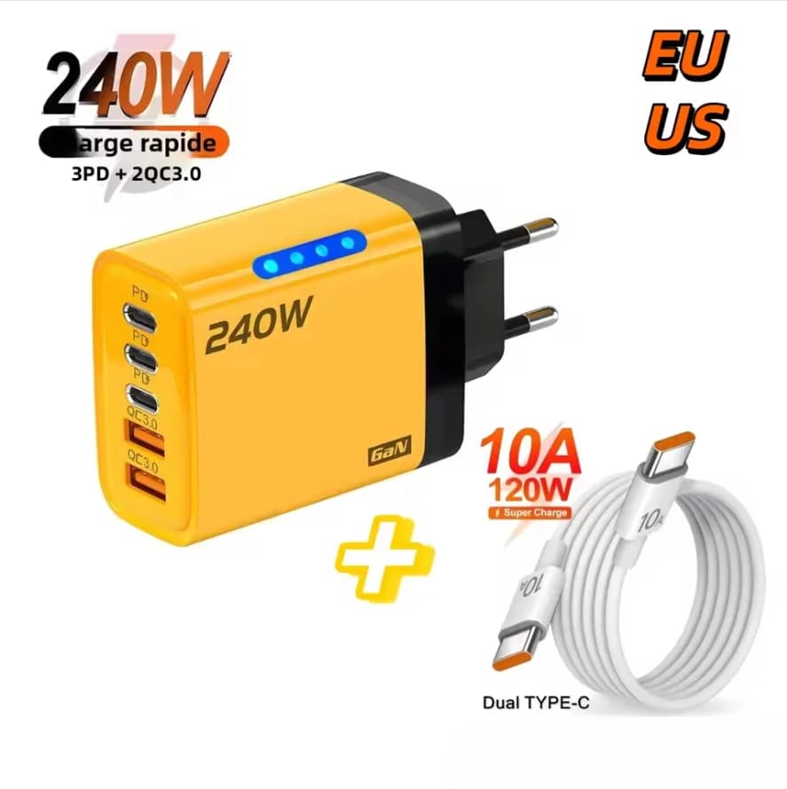 Caricabatterie rapido GaN con luce LED 240W PD/USB/Type C, adattatore da parete con cavi PD per iPhone, Samsung, Xiaomi, ricarica rapida per cellulari