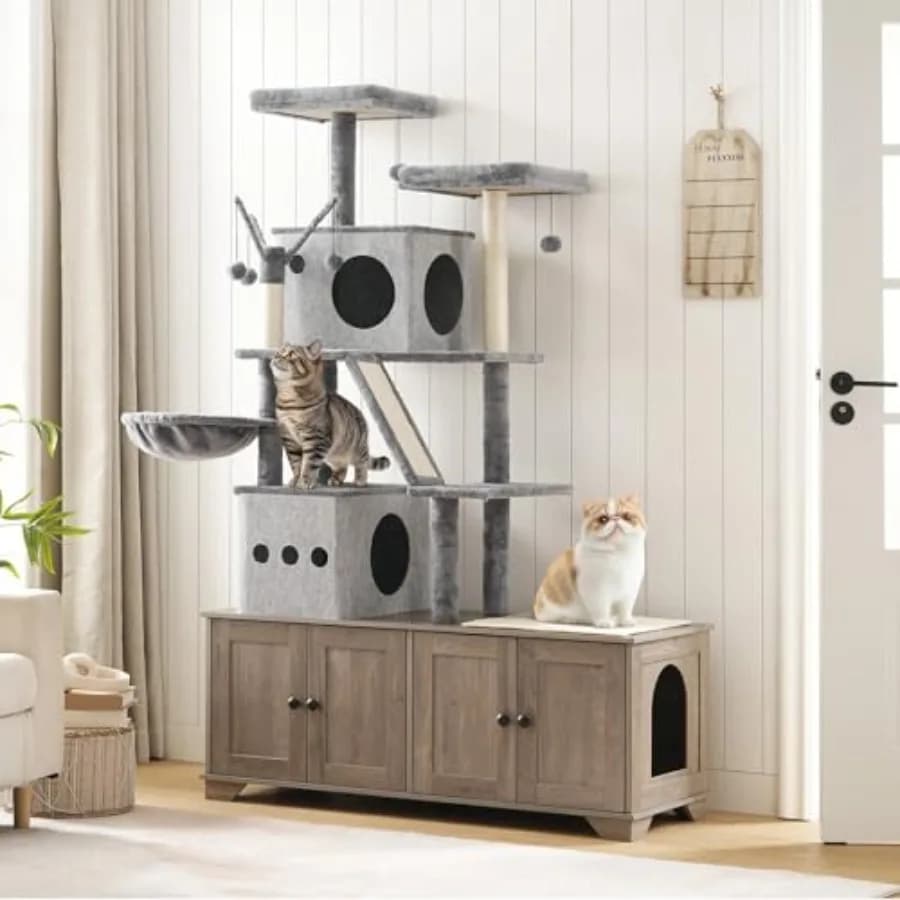 Tiragraffi per Gatti con Lettiera Doppia Integrata 45.3 L x 17.7 L x 68.9 A - Torre per Gatti Moderna Tutto-in-Uno con Letto e Lettiera Nascosta