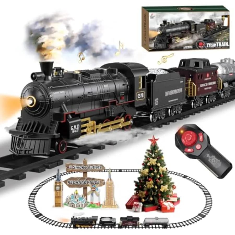 Set Treno Elettrico Telecomandato per Natale, Locomotiva a Vapore con Vagone Merci, Binari Ricaricabili, Trenini Giocattolo con 3 Effetti Fumo