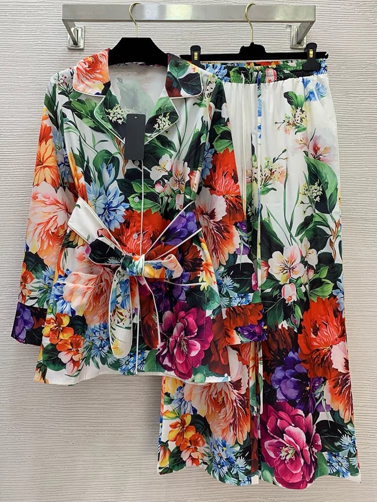 Abito per il tempo libero da donna autunnale camicia a maniche lunghe con tasca in vita in pizzo stampato + pantaloni a gamba larga in vita elastica abito a due pezzi alla moda.