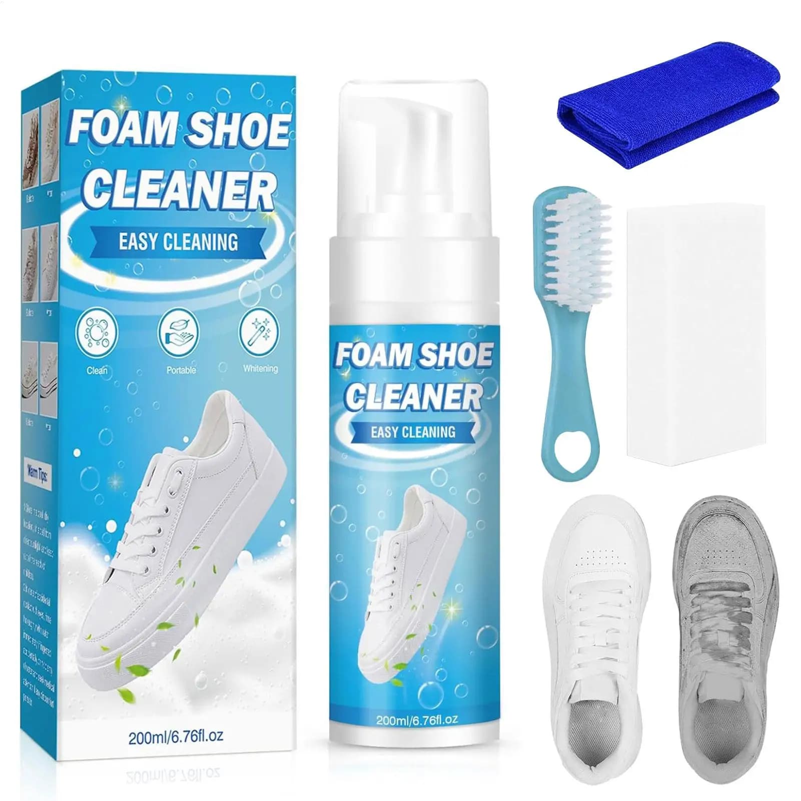 Detergente Schiumogeno per Scarpe Bianche, Kit Pulizia Sneaker con Asciugamano, Senza Risciacquo, Sbiancante per Scarpe in Tela, Pelle, Scarpe da Tennis, Viaggio e Casa