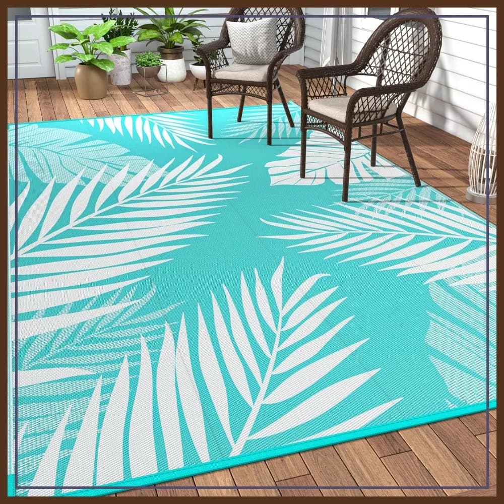 Tappeto da esterno impermeabile 8x10 piedi per patio, tappeto da campeggio reversibile in plastica, tappeto grande per camper, terrazza, balcone, portico, spiaggia, blu acqua e bianco
