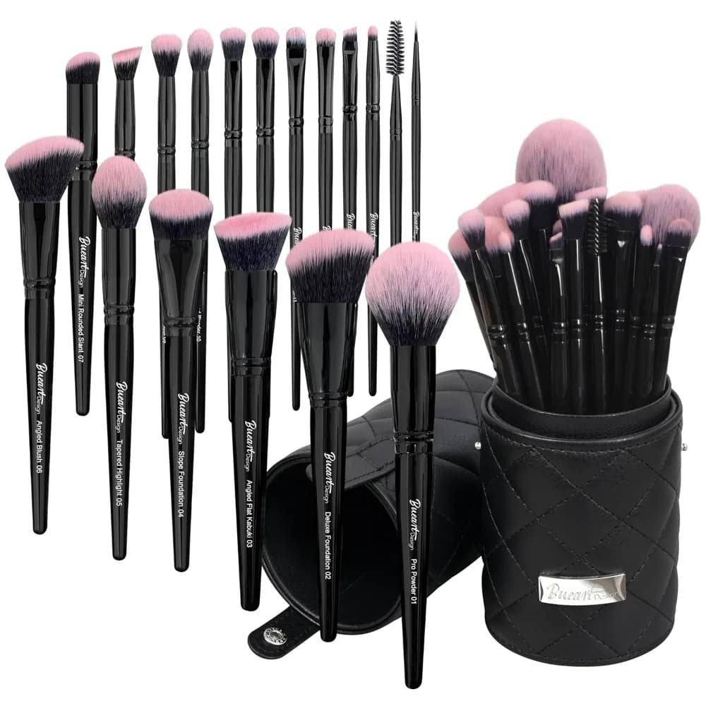 Set of 18 Professional Brushes for Trick Pink and Black with Travel Case for Fondotinta, Correttore, Contouring, Blush and Umbrella