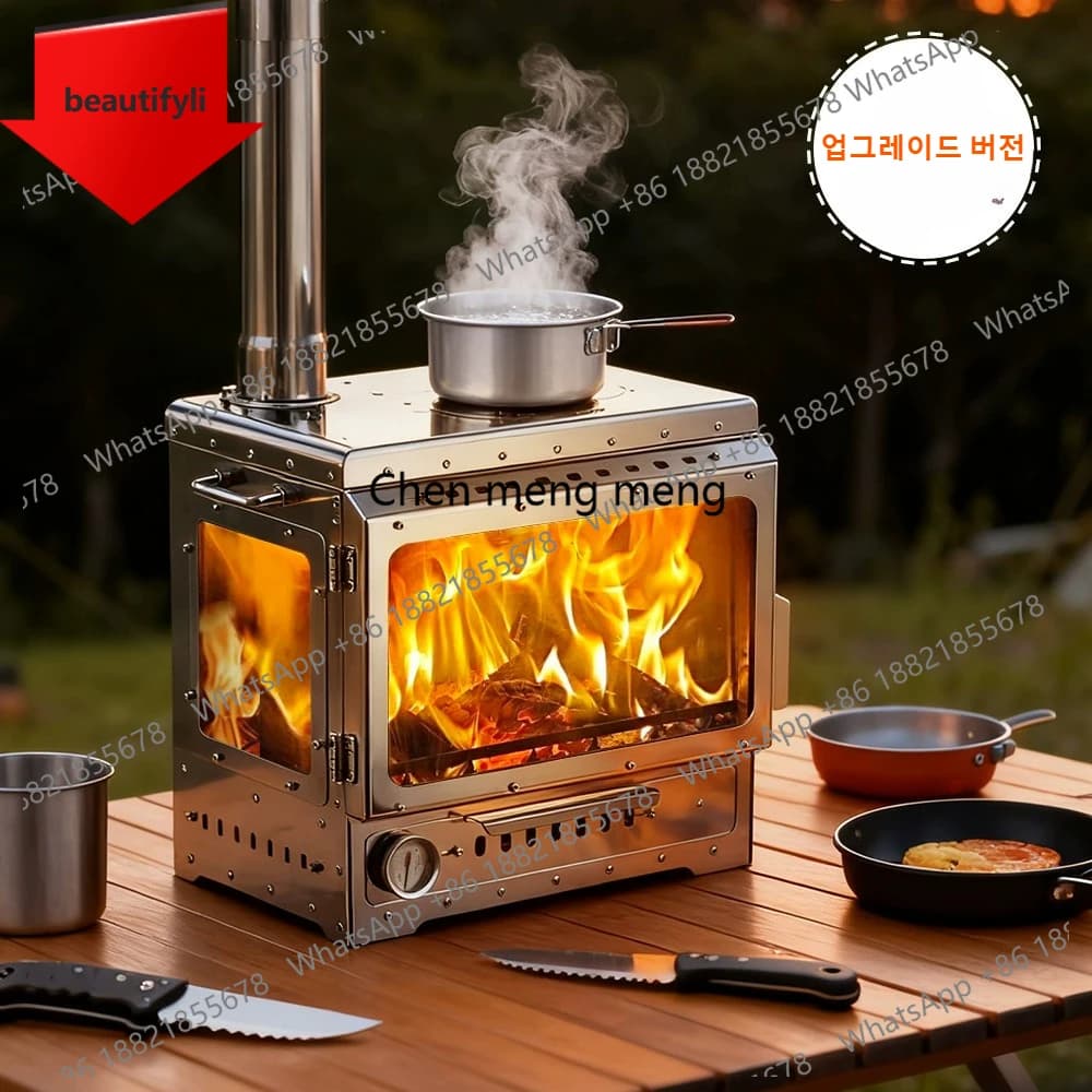 A38 stainless steel outdoor wood stove with 3 fire observation glass, portable grille with chimney for camping