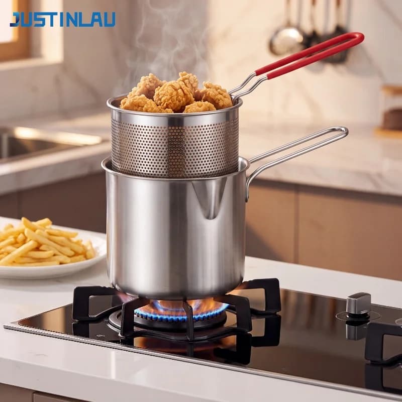 JUSTINLAU 304 Stainless Steel Deep Fryer French Fries Chicken Fryer with Fried Mesh Basket Kitchen Cooking Tools for Gas stove