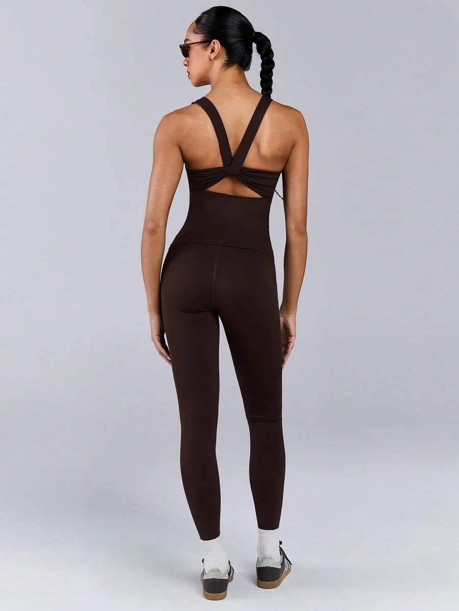 Completo sportivo da donna a tinta unita con canotta e leggings senza cuciture