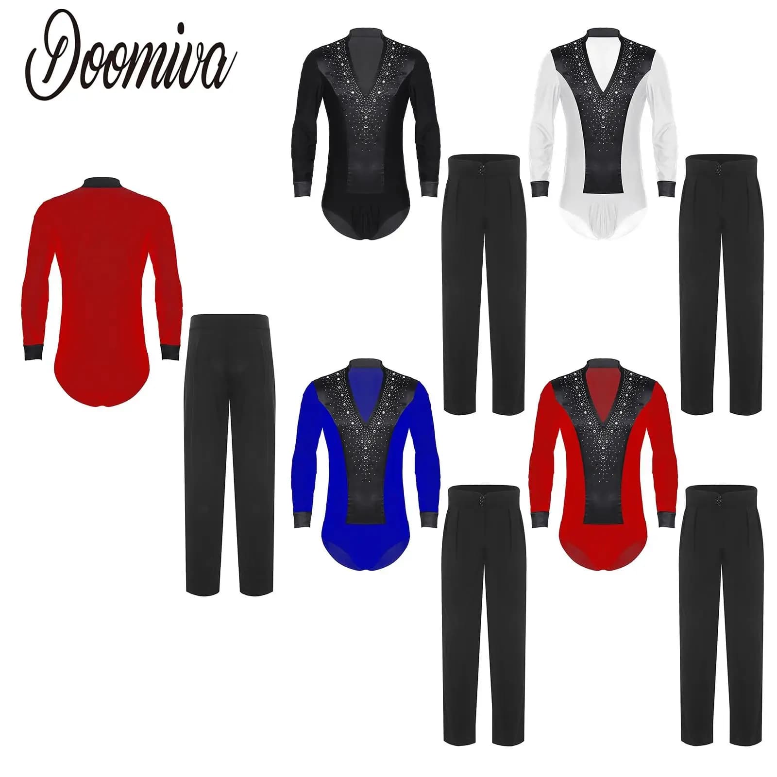 Uomo Latino Cha-cha Danza Jazz Sala da ballo Tango Dancewear Set Manica lunga Strass Body e pantaloni Pattinaggio di figura Dancewear