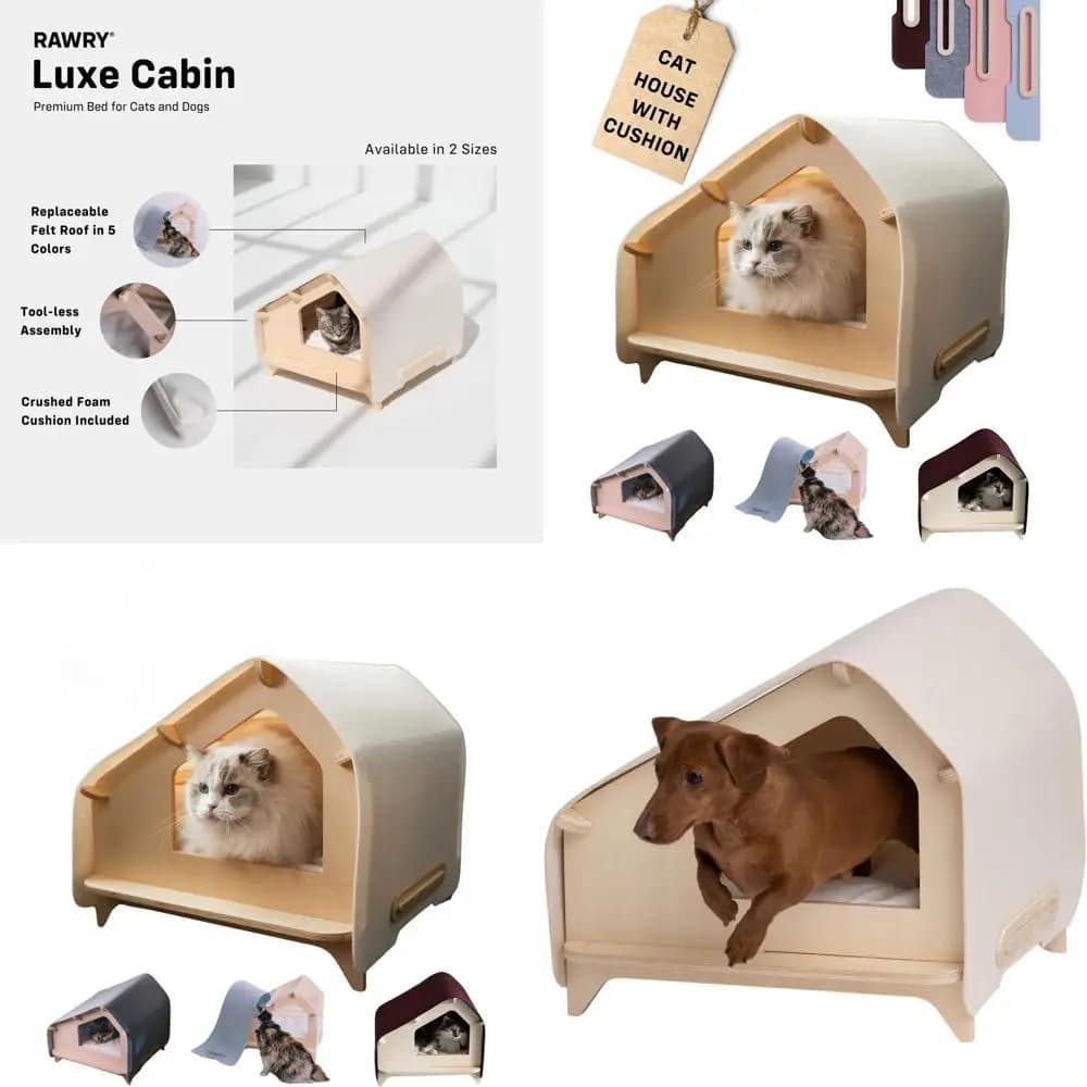 Cuccia per Gatti in Legno da Interno con Letto Imbottito e Tiragraffi per Gatti e Cani di Piccola Taglia