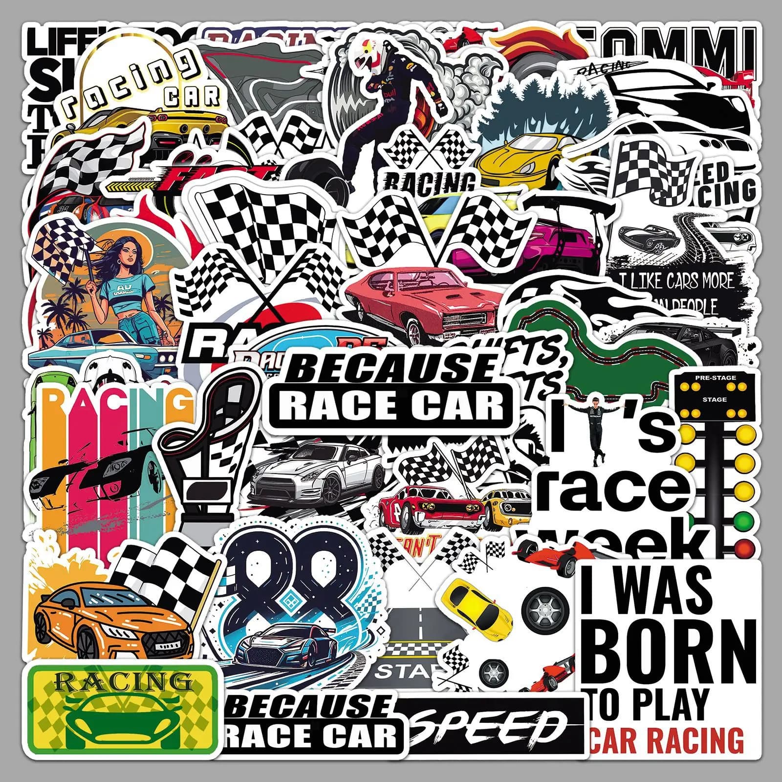 50 Pezzi Adesivi per Auto da Corsa, Decalcomanie in Vinile Impermeabili per Casco, Laptop, Bagagli, Skateboard, Bici, Moto, Decorazione Cool, Regalo per Festival