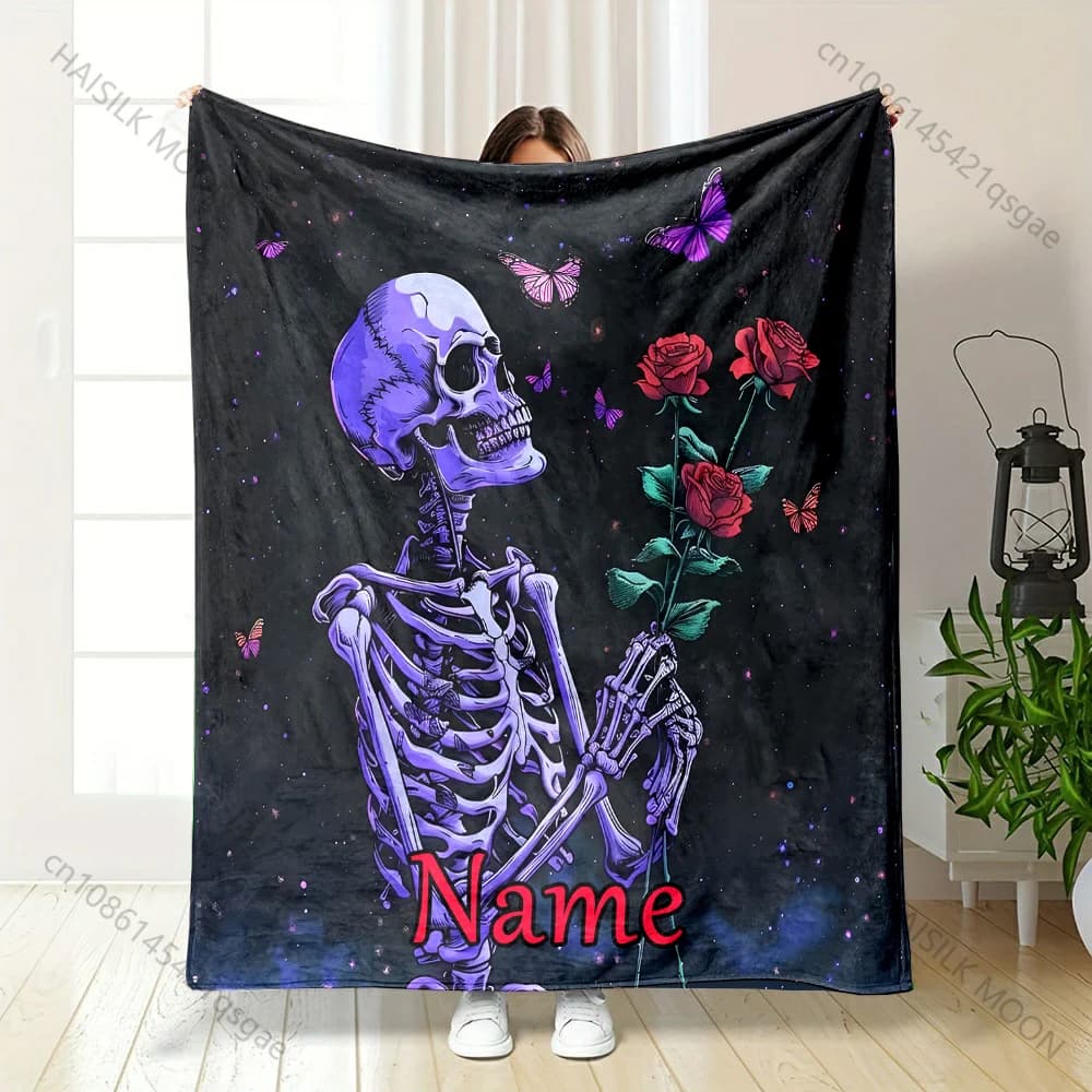 Nome personalizzato personalizzato Stampa artistica scheletro floreale creativo Coperta calda e confortevole per regalo di Halloween per adulti e bambini