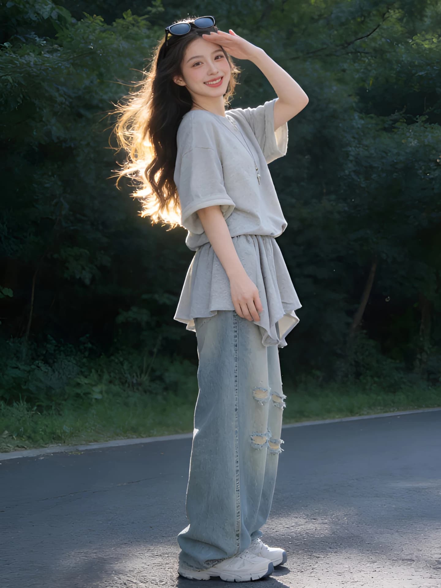 Slimming Casual round Neck Splice Waist T-Shirt Women's Loose Summer Fashion Versatile Midi Skirt Hem T-Shirt Korean Style Co...