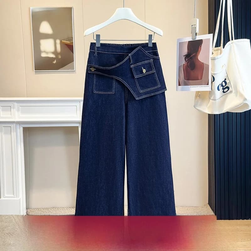 Fall New plus Size Wide Leg Denim Jeans Elastic Belly Covering Straight Leg Pants High Waist Cotton Blend Korean Style