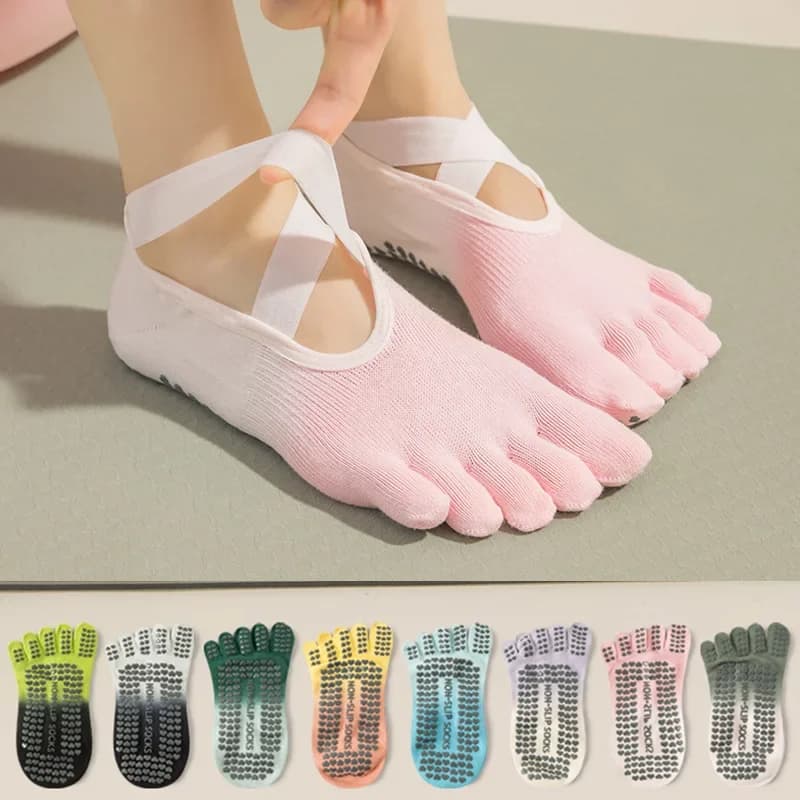 Calzini da Yoga Professionali in Silicone Antiscivolo, Calzini da Pilates Sfumati Senza Tallone Traspiranti a Cinque Dita per Palestra Indoor e Fitness