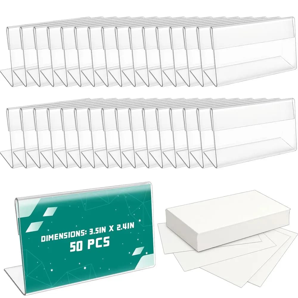 Confezione da 50 mini portaetichette trasparenti, inclusi etichette vuote, 2,3 x 3,5 pollici, per biglietti da visita, etichette per dolci e etichette per buffet